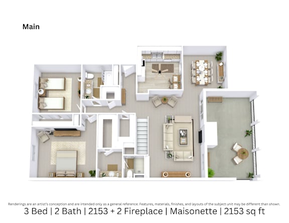 3D floor plan of a 3-bed, 2-bath Maisonette with two fireplaces, furniture layout, and room flow. 2,153 sq. ft.