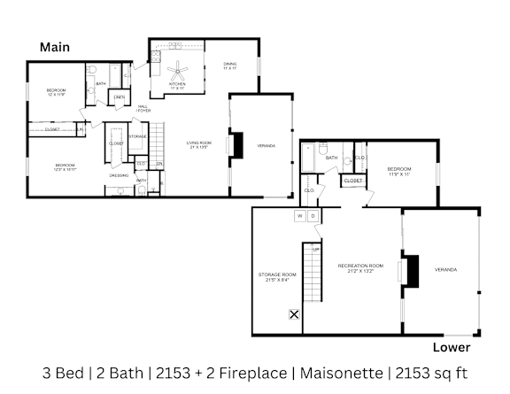 2D floor plan of a 3-bed, 2-bath Maisonette with labeled rooms, dimensions, and two fireplaces. 2,153 sq. ft.