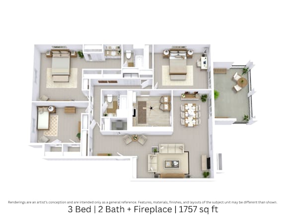 3D floor plan of a 3-bed, 2-bath apartment with fireplace, furniture layout, and room flow. 1,757 sq. ft.
