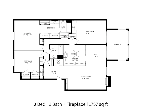 2D floor plan of a 3-bed, 2-bath apartment with labeled rooms, dimensions, and fireplace. 1,757 sq. ft.
