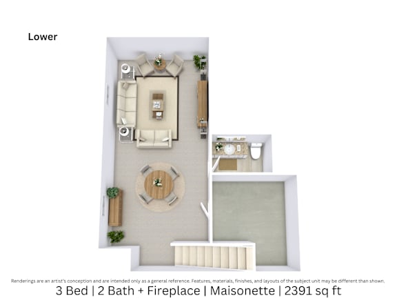 3D floor plan of a 3-bed, 2-bath Maisonette with fireplace, furniture layout, and room flow. 2,391 sq. ft.
