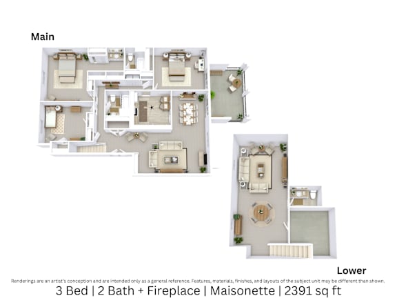 3D floor plan of a 3-bed, 2-bath Maisonette with fireplace, furniture layout, and room flow. 2,391 sq. ft.