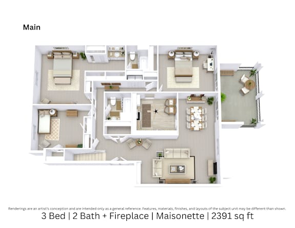 3D floor plan of a 3-bed, 2-bath Maisonette with fireplace, furniture layout, and room flow. 2,391 sq. ft.