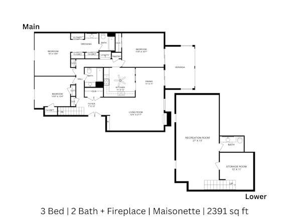 2D floor plan of a 3-bed, 2-bath Maisonette with labeled rooms, dimensions, and fireplace. 2,391 sq. ft.