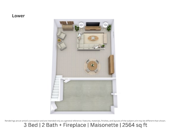 3D floor plan of a 3-bed, 2-bath Maisonette with fireplace, furniture layout, and open living space. 2,564 sq. ft.