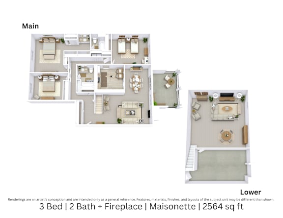 3D floor plan of a 3-bed, 2-bath Maisonette with fireplace, furniture layout, and open living space. 2,564 sq. ft.