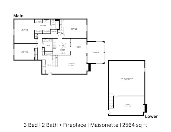 2D floor plan of a 3-bed, 2-bath Maisonette with labeled rooms, dimensions, and fireplace. 2,564 sq. ft.