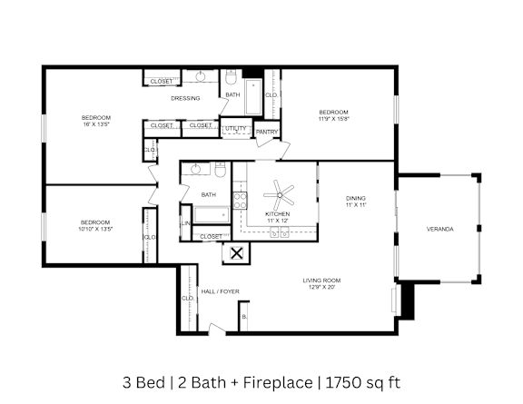 2D floor plan of a 3-bed, 2-bath apartment with labeled rooms, dimensions, and fireplace. 1,750 sq. ft.