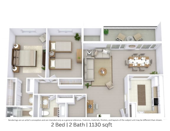 3D floor plan of a 3-bedroom, 2-bathroom apartment at approximately 1130 sq. ft with detailed room layout.