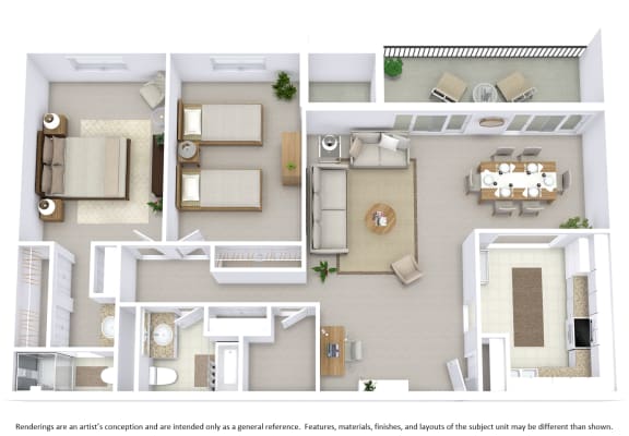 3D floor plan layout for a two-bedroom apartment.