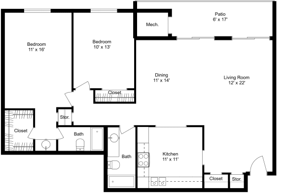This is a 2D-floor plan showing the space layout with labeled rooms, walls, and dimensions. It includes 2 bedroom/s, 2 bathroom/s, and approximately 1160 Sq. Ft