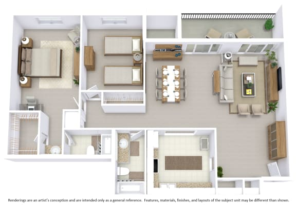 This is a 3D-floor plan providing a detailed, angled view of the space with room layouts, furniture placement, and spatial flow. Features 2 bedroom/s, 2 bathroom/s, and approximately 1160 Sq. Ft
