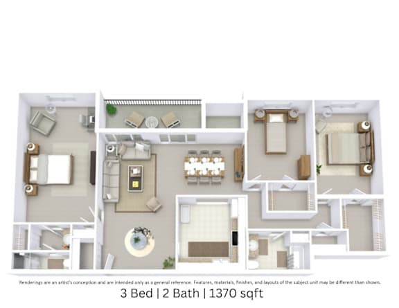 3D floor plan of a 3 bedroom, 2 bathroom apartment at approximately 1370 sq ft with detailed room layout.