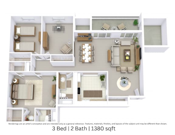 3D floor plan of a 3-bedroom, 2-bathroom apartment at approximately 1380 sq. ft with detailed room layout.