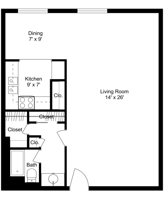 This is a 2D-floor plan showing the space layout with labeled rooms, walls, and dimensions. It includes a Studio, 1 bathroom/s, and approximately 580 Sq. Ft