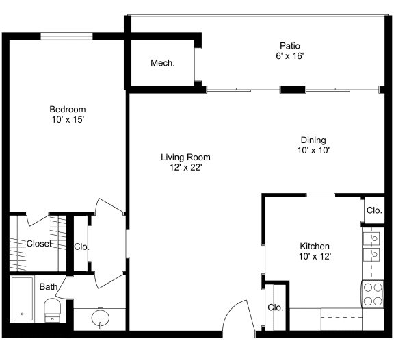 This is a 2D-floor plan showing the space layout with labeled rooms, walls, and dimensions. It includes 1 bedroom/s, 1 bathroom/s, and approximately 800 Sq. Ft