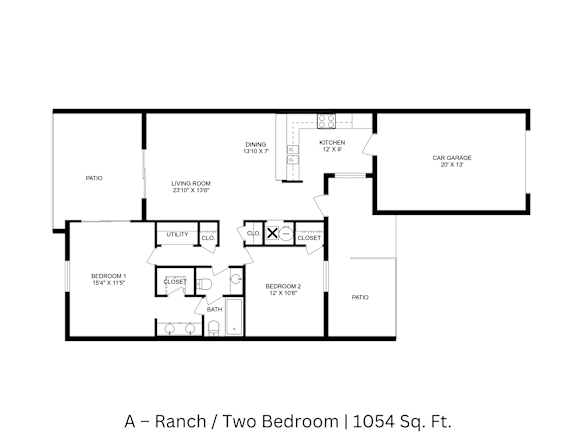 2D floor plan of a 2-bedroom, 1.5-bathroom ranch-style townhome showing labeled layout across 1,054 sq. ft.