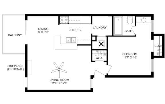 This is a 2D-floor plan showing the space layout with labeled rooms, walls, and dimensions. It includes 1 bedrooms, 1 bathrooms, and approximately 633 Sq. Ft