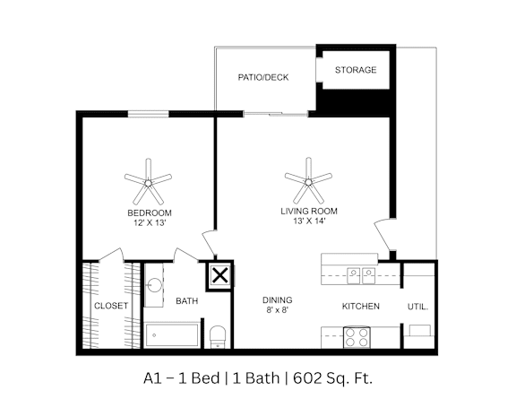2D floor plan with labeled rooms and dimensions for a 1 bed, 1 bath. Approx. 602 sq. ft.