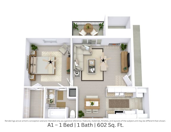 3D floor plan with furniture and layout for a 1 bed, 1 bath home. Approx. 602 sq. ft.