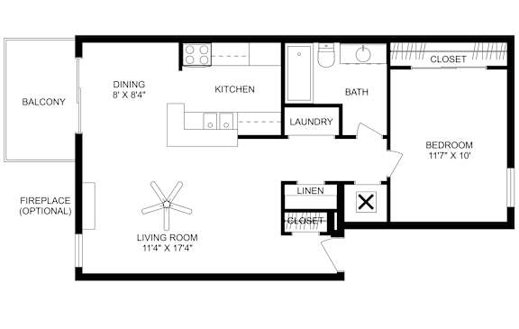 This is a 2D-floor plan showing the space layout with labeled rooms, walls, and dimensions. It includes 1 bedrooms, 1 bathrooms, and approximately 710 Sq. Ft