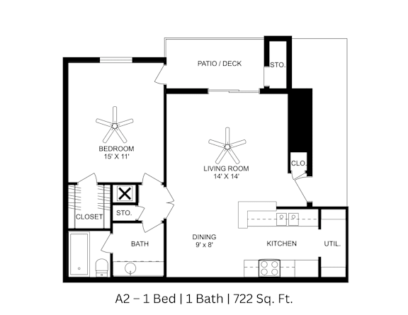 2D floor plan with labeled rooms and dimensions for a 1 bed, 1 bath. Approx. 722 sq. ft.