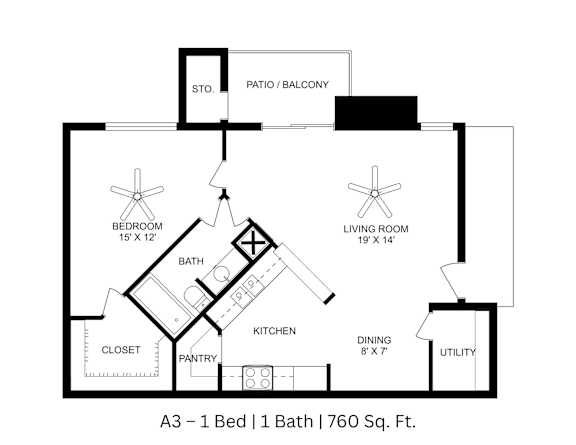 2D floor plan with labeled rooms and square footage for a 1 bed, 1 bath. Approx. 760 sq. ft.