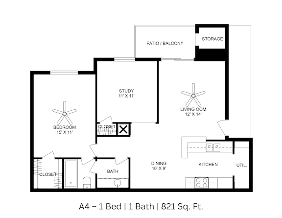 A 2D-floor plan outlining 1 bedroom and 1 bathroom with clear room labels and dimensions, totaling approximately 821 Sq. Ft.
