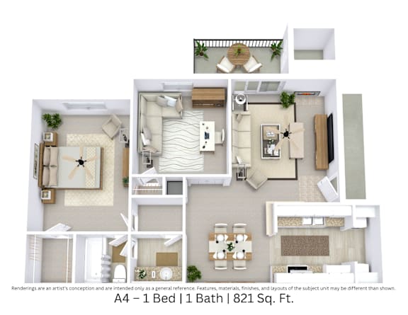 3D floor plan with overhead view and furniture for a 1 bed, 1 bath. Approx. 821 sq. ft.