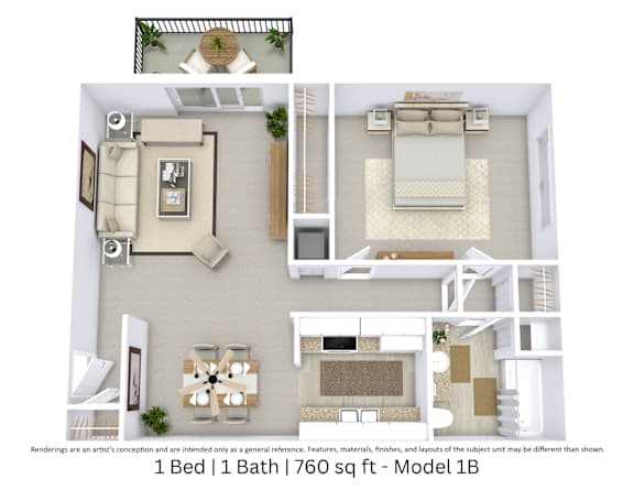 3D floor plan with furniture and layout for a 1 bed, 1 bath home. Approx. 760 sq. ft.
