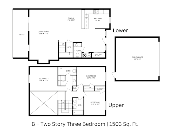 2D floor plan of a 3-bedroom, 2-bathroom two-story townhome showing labeled layout across 1,503 sq. ft.