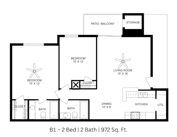 2D layout of a two-bedroom, two-bath apartment with labeled dimensions and room names totaling approximately 972 Sq. Ft.