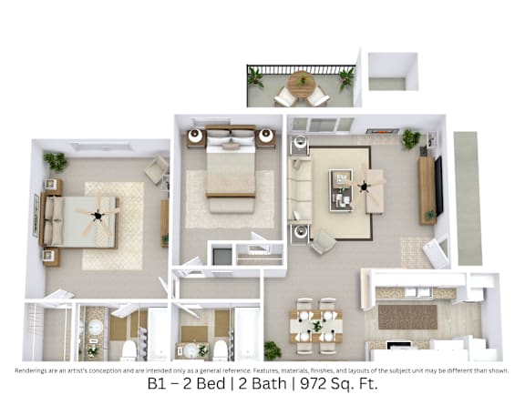 3D floor plan for B1 unit showing furniture and flow. 2 beds, 2 baths. Approx. 972 sq. ft.