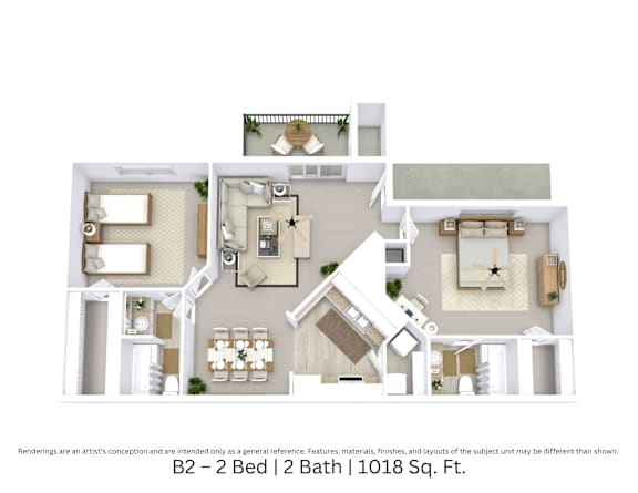 3D floor plan of a 2 bed, 2 bath unit showing open furniture flow. Approx. 1,018 sq. ft.