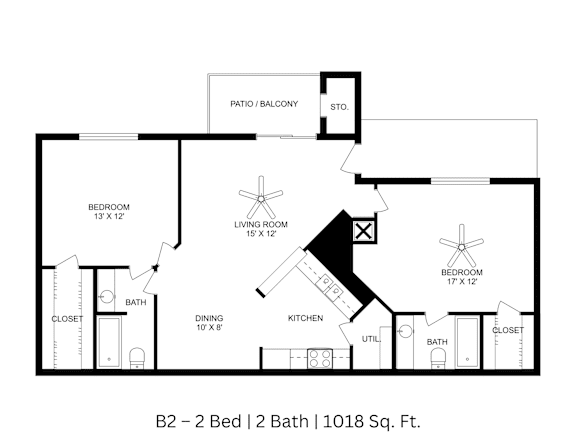 2D floor plan of a 1,018 Sq. Ft. two-bedroom, two-bath unit with defined spaces and measurements.