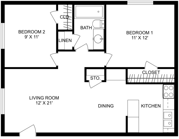 This is a 2D-floor plan showing the space layout with labeled rooms, walls, and dimensions. It includes 2 bedroom/s, 1 bathroom/s, and approximately  682 Sq. Ft