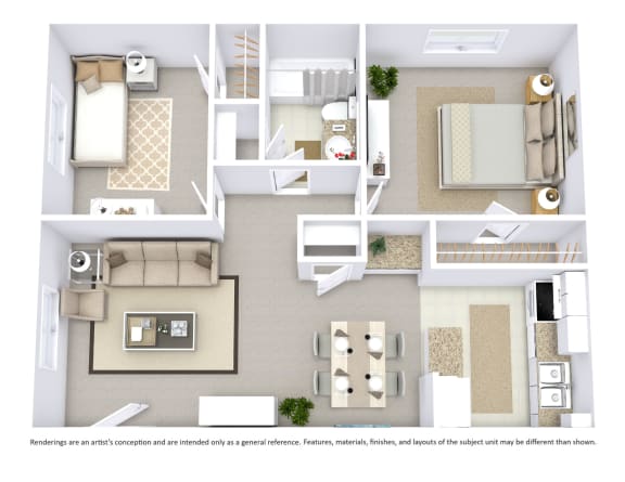 This is a 3D-floor plan providing a detailed, angled view of the space with room layouts, furniture placement, and spatial flow. Features 2 bedroom/s, 1 bathroom/s, and approximately  682 Sq. Ft