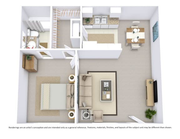 This is a 3D-floor plan providing a detailed, angled view of the space with room layouts, furniture placement, and spatial flow. Features 1 bedroom/s, 1 bathroom/s, and approximately 587 Sq. Ft