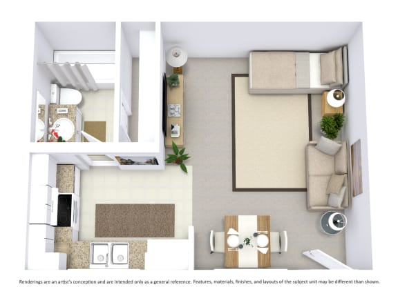 This is a 3D-floor plan providing a detailed, angled view of the space with room layouts, furniture placement, and spatial flow. Features a Studio, 1 bathroom/s, and approximately 580 Sq. Ft