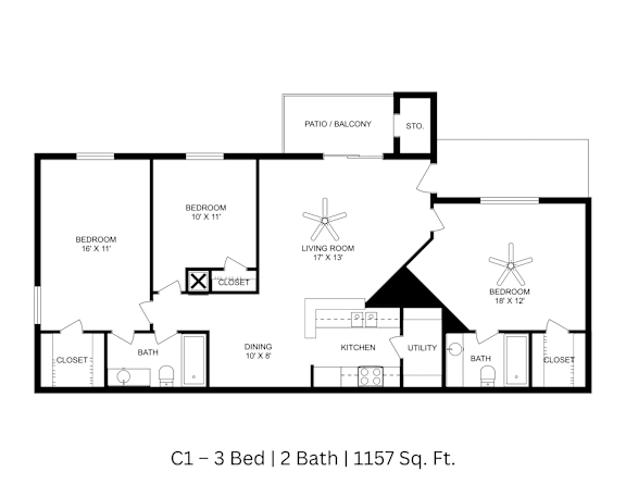 2D-floor plan of a three-bedroom, two-bath apartment with labeled rooms and total space of approximately 1,157 Sq. Ft.