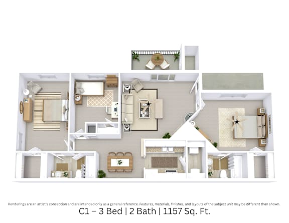 A 3D-floor plan view showing room arrangement and furniture layout in a 3-bedroom, 2-bath apartment at 1,157 Sq. Ft.