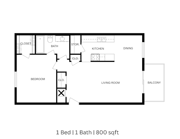 2D floor plan showing labeled rooms, walls, dimensions, 1 bedroom, 1 bath, 800 Sq. Ft.
