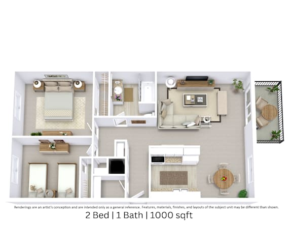 3D floor plan with angled view, room layout, furniture placement, 2 bedrooms, 1 bath, 1000 Sq. Ft.
