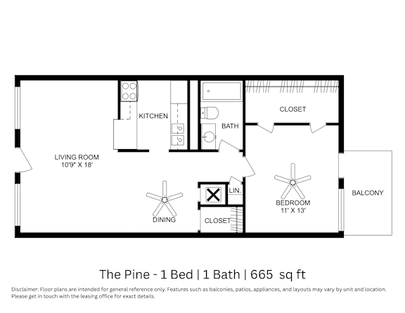 This 2D floor plan displays a 1-bedroom, 1-bathroom apartment layout with labeled rooms and dimensions. Total area is approximately 665 square feet.