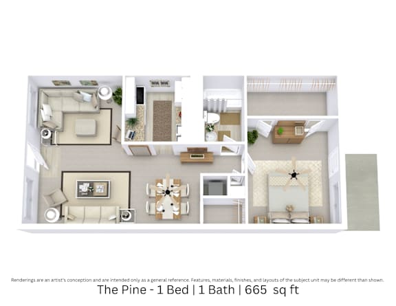 A 3D floor plan of a 1-bedroom, 1-bathroom apartment highlighting spatial flow, furniture layout, and room arrangement. About 665 square feet.