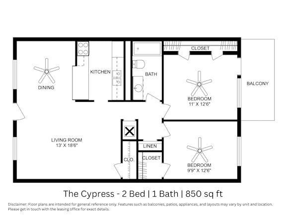 A 2D layout of a 2-bedroom, 1-bathroom apartment with labeled rooms, dimensions, and walls. Estimated living space is 850 square feet.