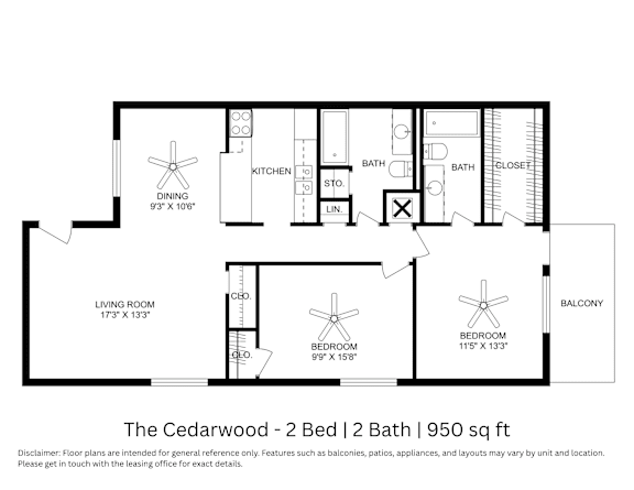 A 2D apartment floor plan showing a 2-bedroom, 2-bathroom layout with dimensions and room labels. Total space is around 950 square feet.