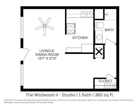 This is a 2D floor plan showing a studio-style apartment with labeled rooms and approximate measurements. Includes 1 bathroom and about 380 square feet of space.