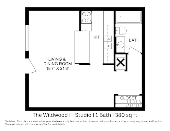 This is a 2D floor plan showing the studio layout with labeled rooms, walls, and dimensions. It features 1 bathroom and approximately 380 square feet of living space.