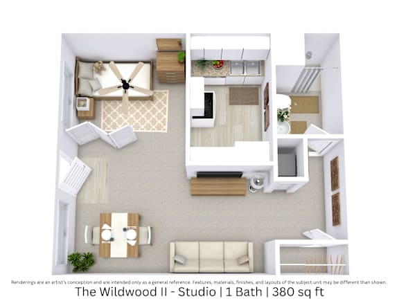 A 3D floor plan view of a studio apartment with 1 bathroom, displaying furniture, room layout, and spatial design. Approximately 380 square feet.